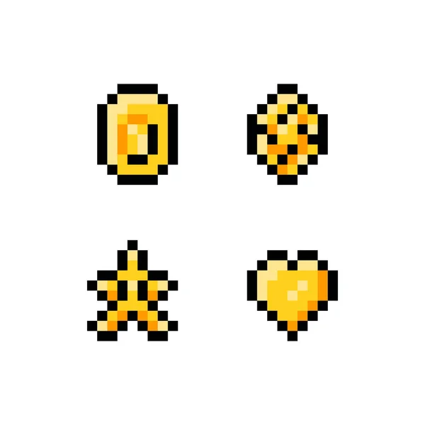 Pixel arte vector ilustración icono conjunto. Objetos amarillos dorados para sprites de juego: moneda, gema, diamante, inicio, corazón, objetos aislados en blanco — Archivo Imágenes Vectoriales