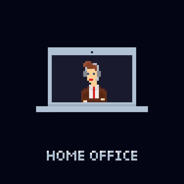 Διάνυσμα εικονογράφηση pixel τέχνης - νεαρός άνδρας υπάλληλος γραφείου φορώντας ένα κοστούμι, γραβάτα και ένα ακουστικό σε μια κλήση τηλεδιάσκεψης συνάντηση βίντεο. — Διανυσματικό Αρχείο