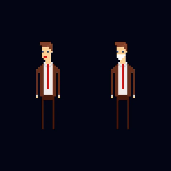 Pixel art vector karakter - cartoon mannelijke kantoormedewerker draagt een bruine suite, rode stropdas en een medisch beschermend masker. Geïsoleerde 8 bit illustratie — Stockvector