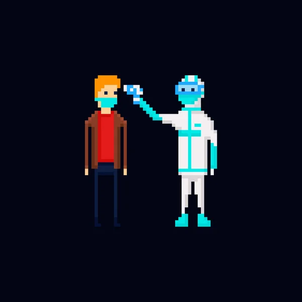 Pixel arte vetor ilustração de um médico vestindo um terno de proteção medir a temperatura de um homem com uma máscara facial descartável estéril, proteção coronavírus. 8 bit Covid-19 macho pandemia Ilustração De Stock