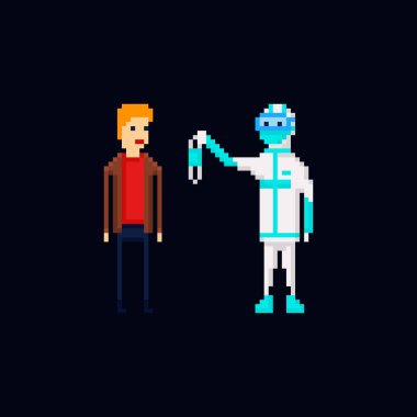 Korunaklı giysi giyen bir sıhhiyenin, bir adama steril tek kullanımlık tıbbi yüz maskesi sunan bir pikselin sanat vektör çizimi. Coronavirus koruması. 8 bit Covid-19 pandemi erkek karakterler izole edildi