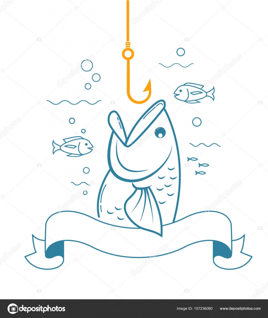 Ban ra di pesca sotto forma di un gancio di pesca e un pesce con la bocca aperta Icona in stile lineare — Vettoriali di rodnikovay1