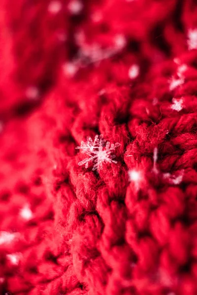 Macrophotography of snowflakes on a red knitted fabric with a large knit