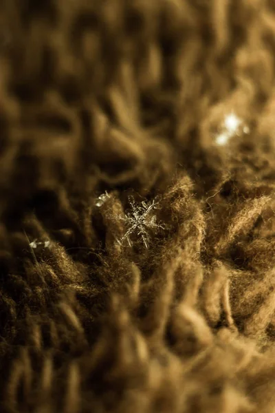 Macrophotography of snowflakes on a red knitted fabric with a large knit