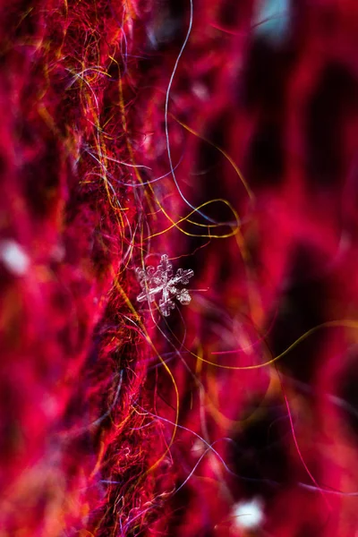 Macrophotography of snowflakes on a red knitted fabric with a large knit