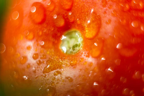 Macrophotography of a tomato with water drops on its skin.