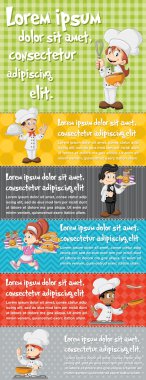 Pişirme çizgi film şefler, Garson ve elinde tepsi ile lokanta garson ile vektör broşürü arka planlar. 