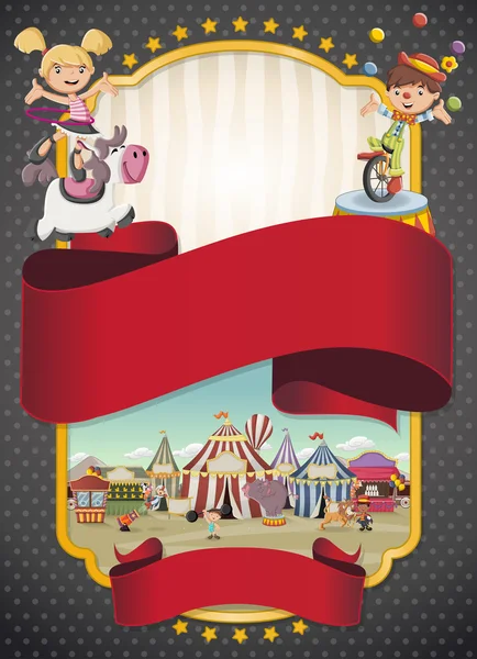 Poster met stripfiguren en dieren voor retro circus. — Stockvector