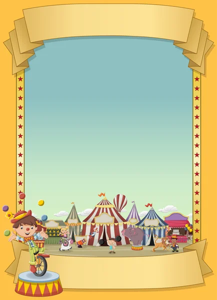Αφίσα με χαρακτήρες κινουμένων σχεδίων και ζώα μπροστά από ρετρό τσίρκο. — Διανυσματικό Αρχείο