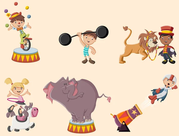 Retro circus stripfiguren en dieren. — Stockvector