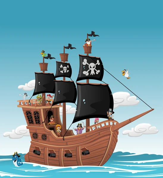 Grupo de piratas de dibujos animados en un barco — Vector de stock