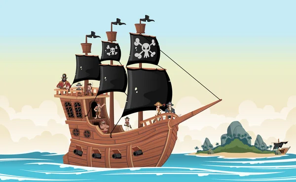 Grupo de piratas de dibujos animados en un barco — Archivo Imágenes Vectoriales