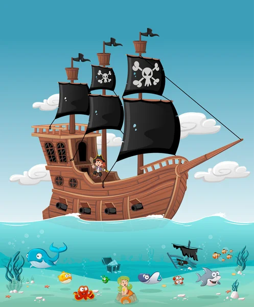 Dessin animé pirate garçon sur un navire — Image vectorielle