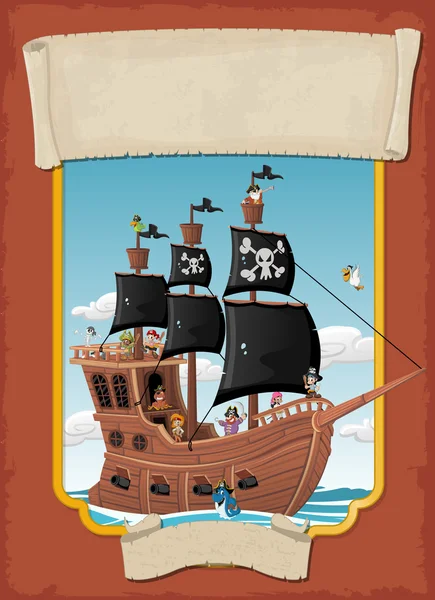 与卡通海盗在海上的一艘船上的海报. — 图库矢量图片