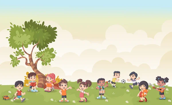 Paisaje de hierba verde con lindos niños de dibujos animados jugando . — Vector de stock