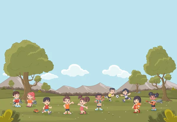 Zöld fű táj aranyos rajzfilm gyerekek játék. — Stock Vector
