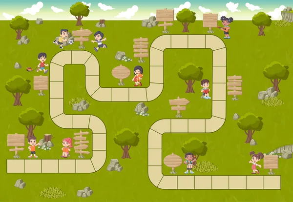 Gioco da tavolo con un percorso di blocco su un parco verde con i bambini dei cartoni animati felici — Vettoriale Stock