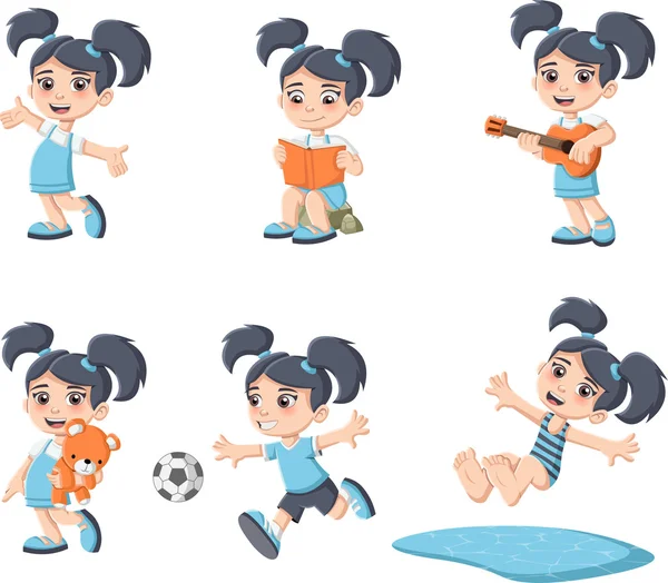 Linda chica de dibujos animados feliz jugando . — Vector de stock