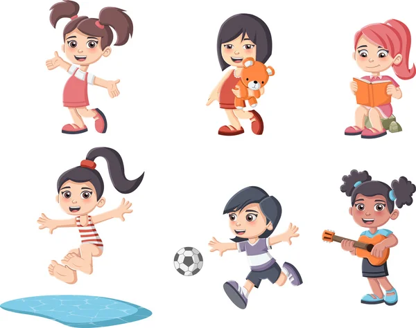 Lindo feliz dibujos animados niñas jugando . — Vector de stock