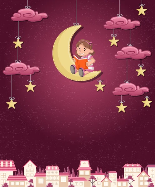 Cartoon girl lire un livre sur la lune . — Image vectorielle