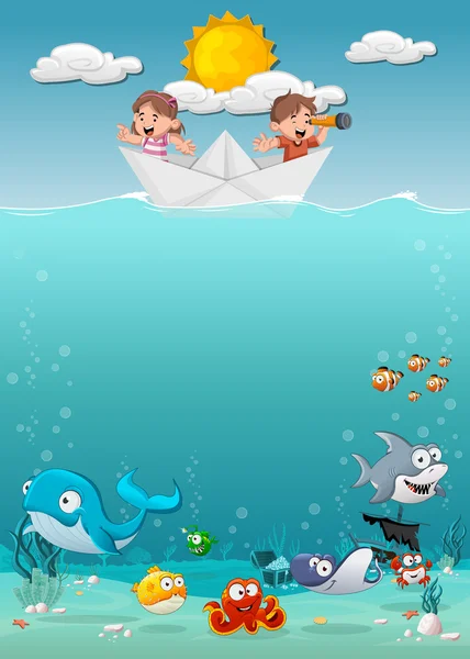Crianças dentro de um barco de papel no oceano com peixes debaixo de água . — Vetor de Stock