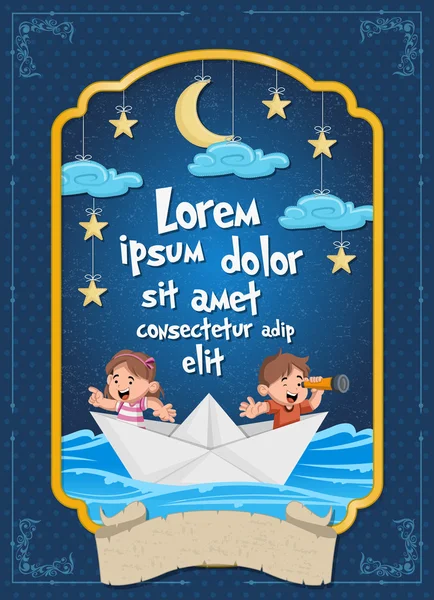 Poster with kids inside a paper boat at night. Sky with moon, stars and clouds hanging on strings. — Stock Vector