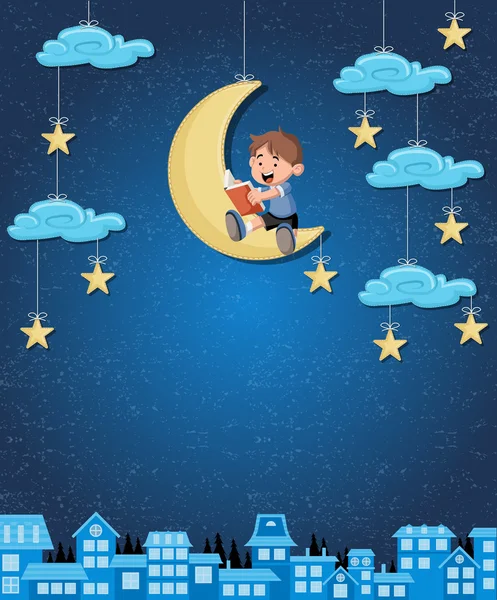 Dessin animé garçon lisant un livre sur la lune . — Image vectorielle