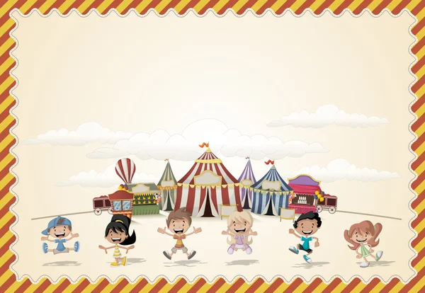 Card with a group of happy cartoon children playing in front of a retro circus Stock Vector