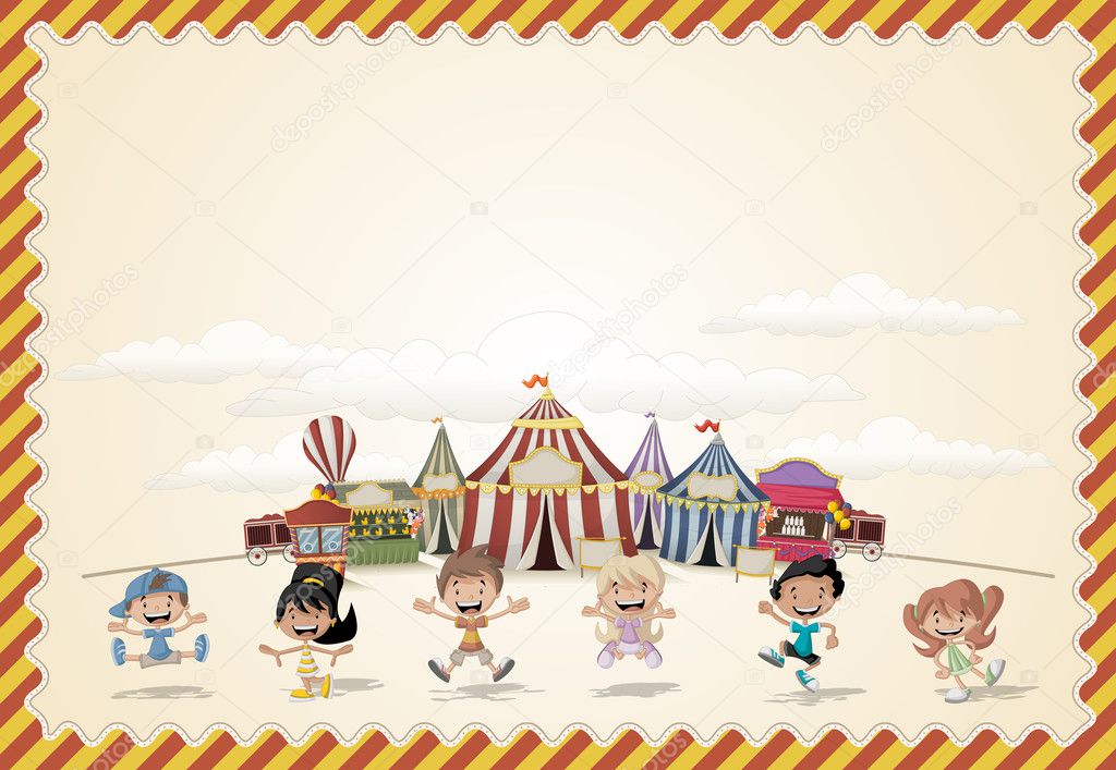 Card with a group of happy cartoon children playing in front of a retro circus
