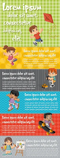 Folleto vectorial fondos con dibujos animados felices niños jugando . — Vector de stock