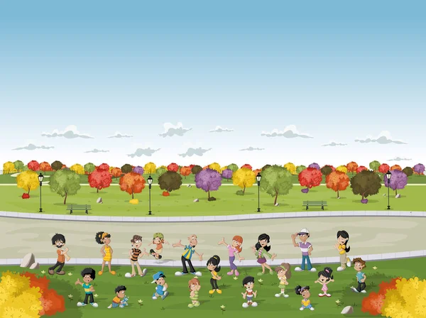 Famiglia di cartoni animati in un parco verde con erba e alberi . — Vettoriale Stock