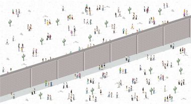 Two groups of people separated by wall.