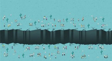 İki kırık kata geldiğinde ayrılmış insan grupları. 