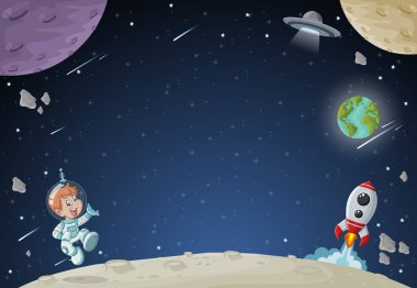 Astronot çizgi film çocuk bir futuristik roket mekikle uzayda uçan.