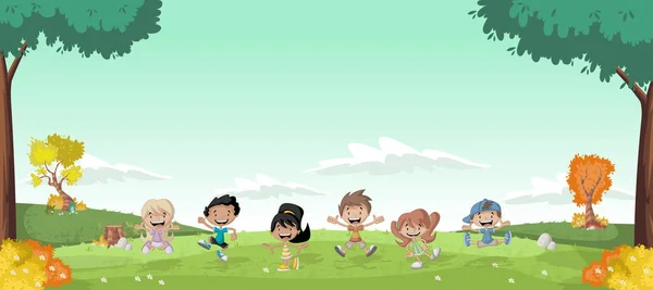 Paisaje de hierba con lindos niños de dibujos animados . — Vector de stock