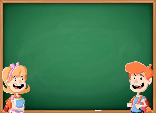 Cartoon children with books in front of green chalkboard blackboard — Stock Vector