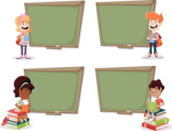 Cartoon children with books in front of green chalkboard blackboard. — Stock Vector