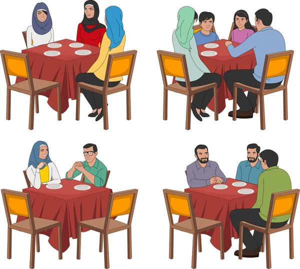 Restoran meja dengan orang arab - Stok Vektor