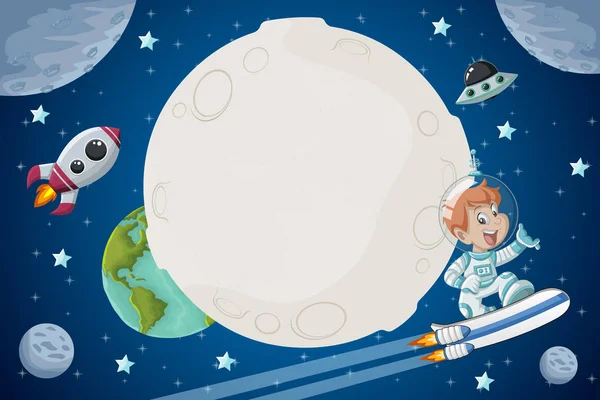 Astronaut cartoon pojke flyger i rymden — Stock vektor