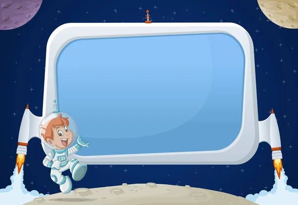 Rocket screen board with astronaut cartoon boy in the space. — Stock Vector