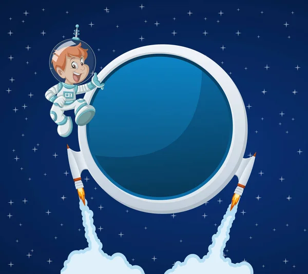 Tablero de pantalla cohete con astronauta niño de dibujos animados en el espacio . — Archivo Imágenes Vectoriales