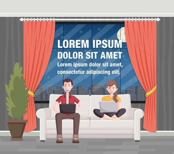 Coppia di cartoni animati con computer portatile sul divano — Vettoriale Stock