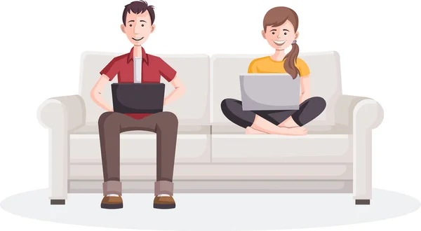 Cartoon couple with laptop computer — Stock Vector