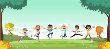 Yeşil manzara sevimli çizgi çocuklarla. 