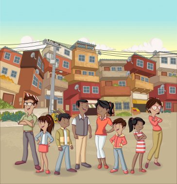 Street of poor neighborhood with cartoon happy black people clipart