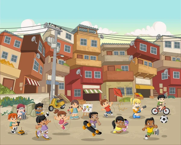 Улица бедного района с играющими детьми из мультфильмов . — стоковый вектор
