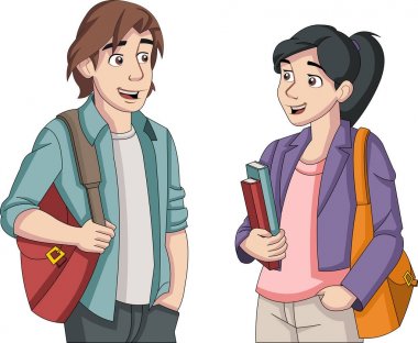 Çizgi film genç öğrencilere kitap ve sırt çantası.