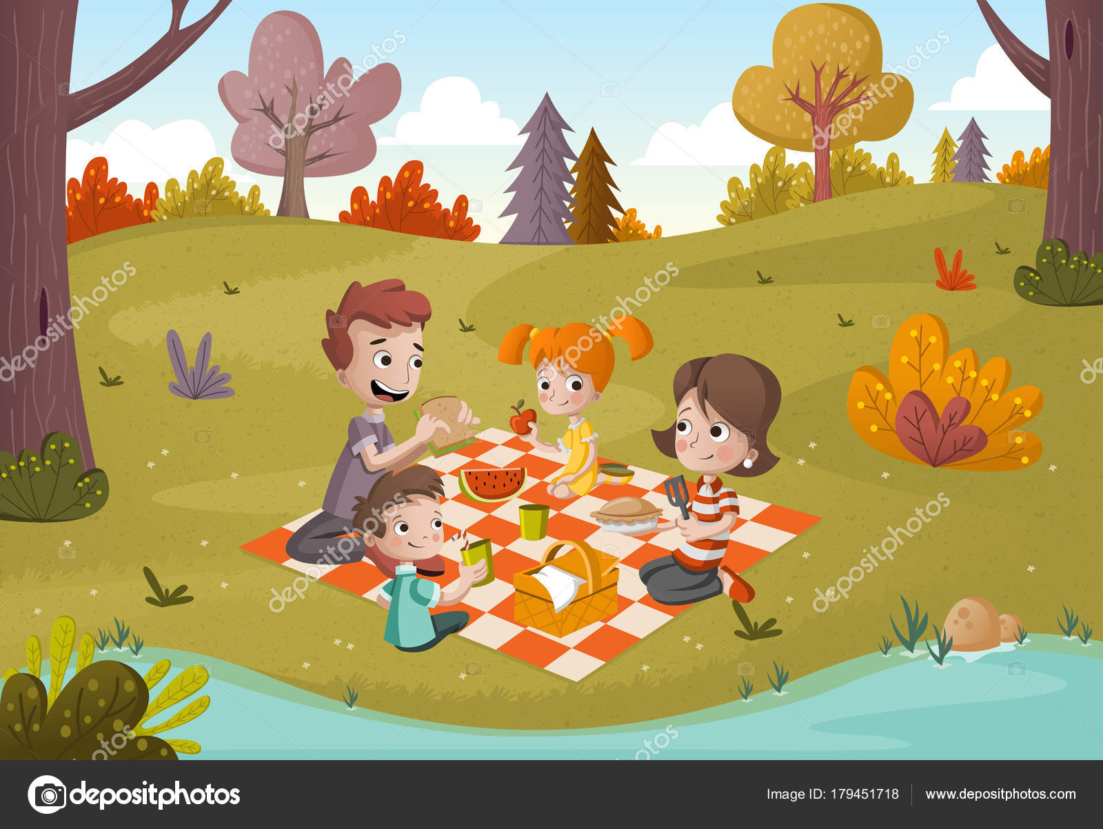 Cartoon Family Having Picnic Park Sunny Day Nature Background Stock Vector  Image by ©deniscristo #179451718