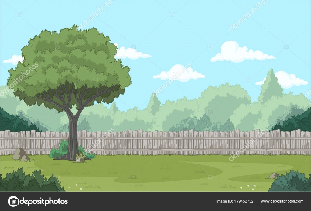 Valla Madera Patio Trasero Jardín Verde Con Pasto Árboles Flores