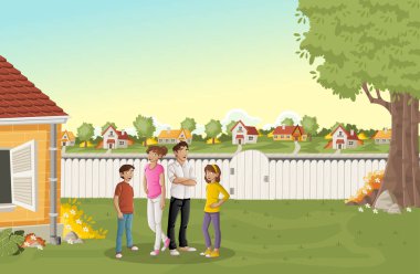 Çizgi film aile banliyösü mahallede. Yeşil park peyzaj çim, ağaçlar ve evler.